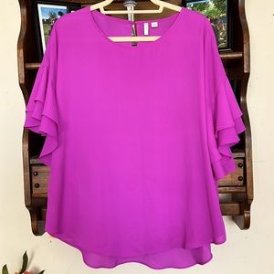 CATO Fuchsia Pink Double Tier Ruffle Blouse, Size Medium, tunic